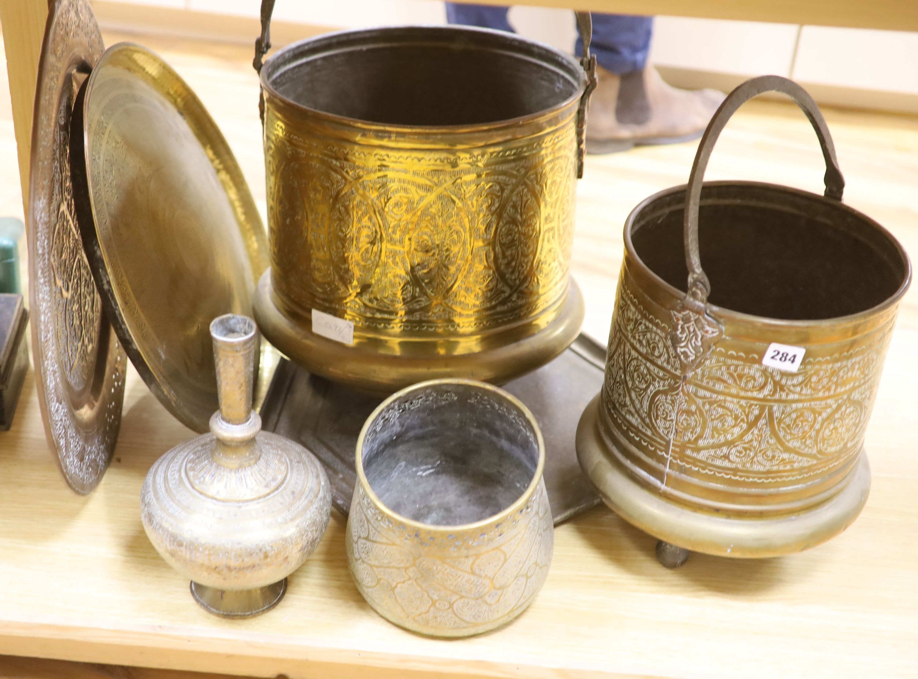 A quantity of Benares brassware including two coal boxes